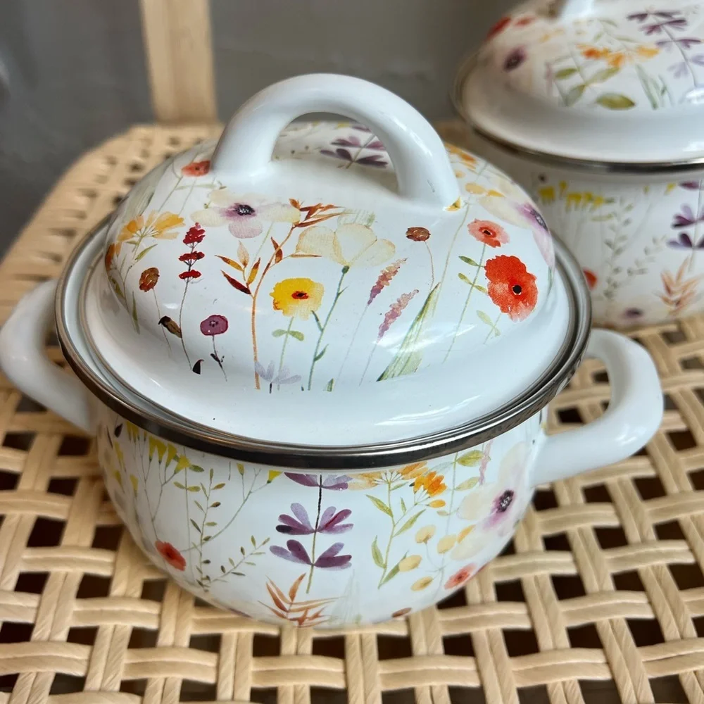 Set of 2 Crofton Enamel Floral Mini Pots – 1 Qt Each, Vintage-Inspired Aldi